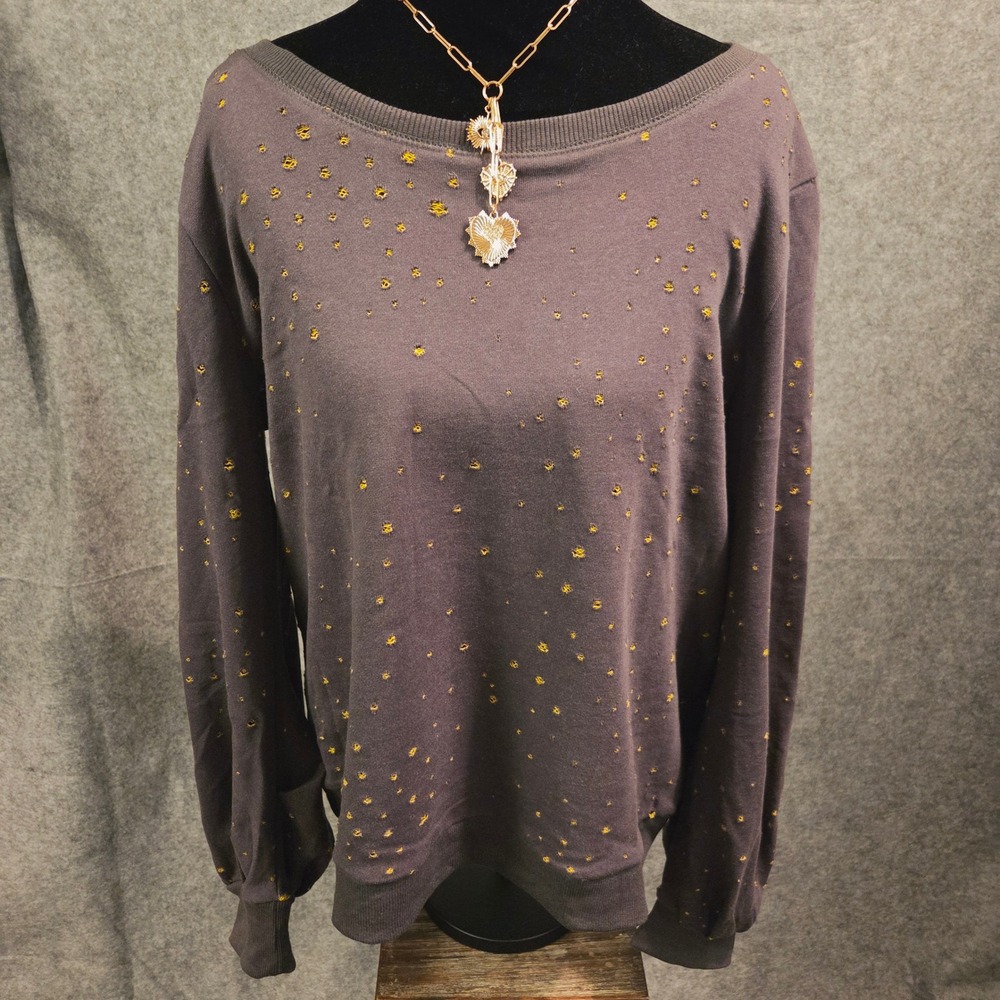 Mystree Sz S Gray Mustard Yellow Distressed Balloon Sleeve Sweatshirt 19346 NEW